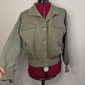 Tahari Womens Cardigan Sweater Jacket Green Utility Button Balloon Sleeve Medium